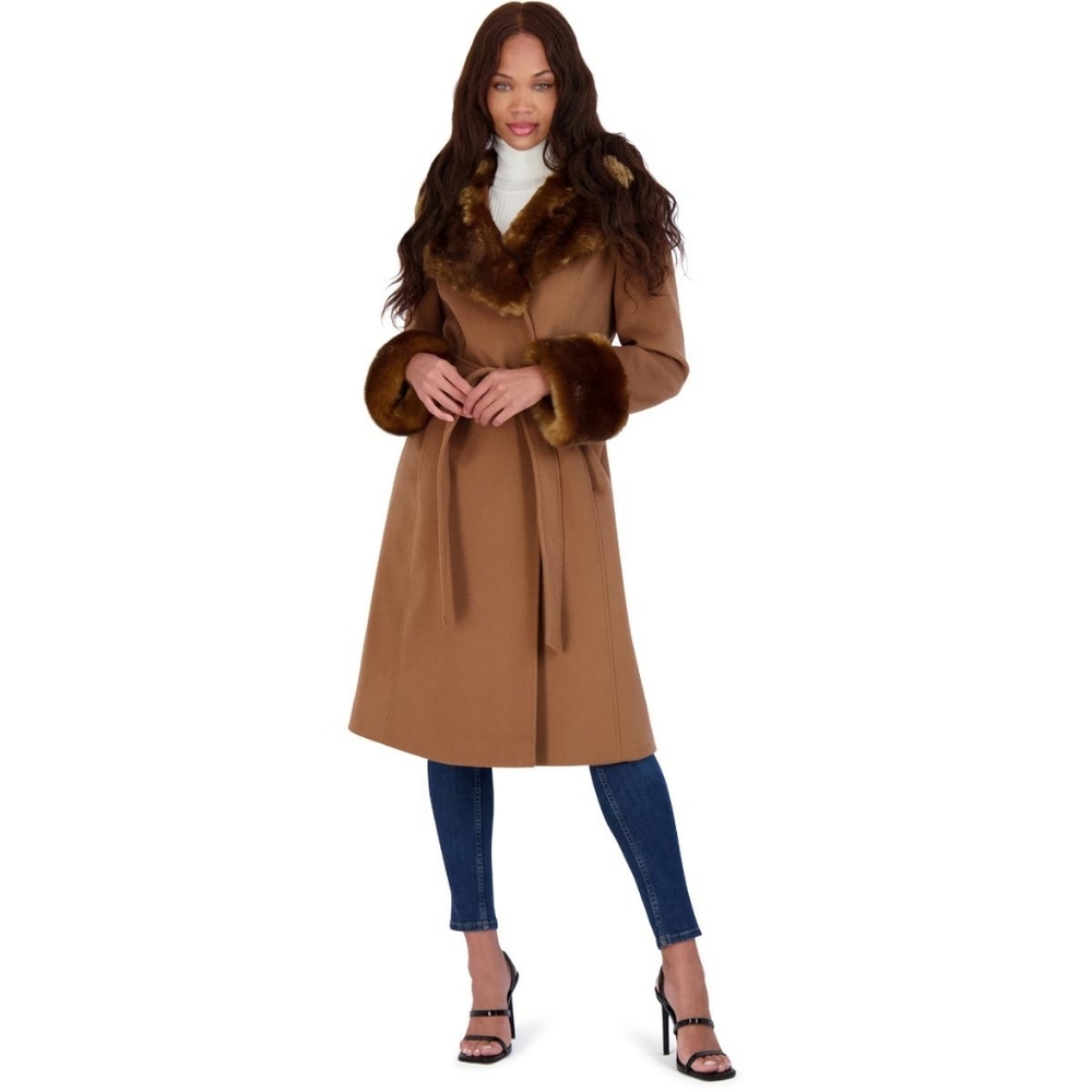 Via Spiga Long Wool Wrap Coat with Faux Fur Trim